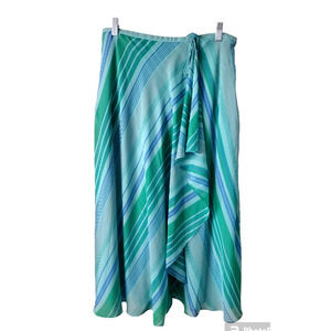 Coldwater Creek Blue & Green Striped Chiffon Faux Wrap Ruffle Midi Skirt L